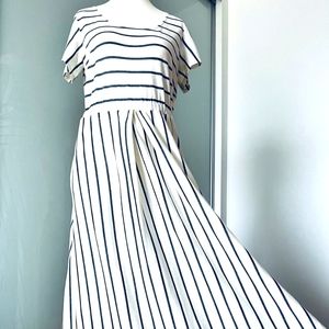 Cotton linen beige striped dress women's long skirt short sleeve dress